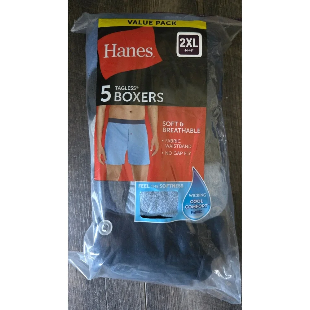 Hanes Mens Tagless Knit Boxers 5 Pack 2XL Blue Grey Black MKCBX5 New